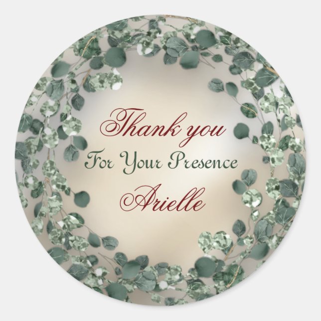 Sticker Rond Merci Eucalyptus Anniversaire Mariée Verdure Ivoir (Devant)