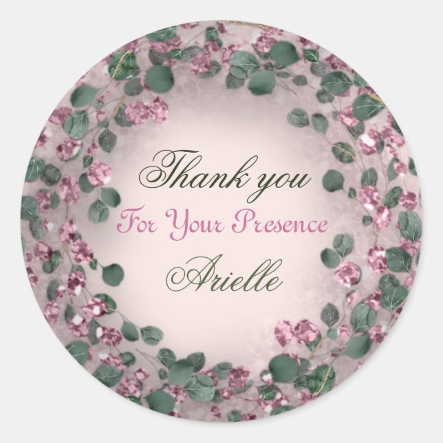Sticker Rond Merci Eucalyptus Anniversaire Menthe Verdure Rose (Devant)