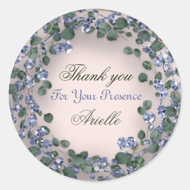 Sticker Rond Merci Eucalyptus Anniversaire Monnaie Vert Bleu (Devant)