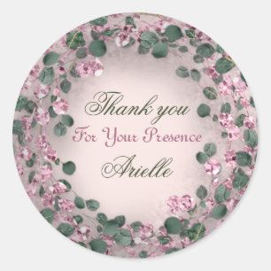 Sticker Rond Merci Eucalyptus Anniversaire Rustique Menthe Rose
