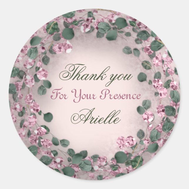 Sticker Rond Merci Eucalyptus Anniversaire Rustique Menthe Rose (Devant)