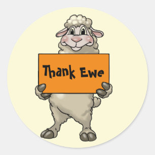 Sticker Rond Merci Ewe Drôle Cartoon Mouton avec signe