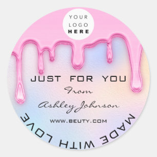 Sticker Rond Merci Fabriqué Avec Amour Holographe Logo Rose