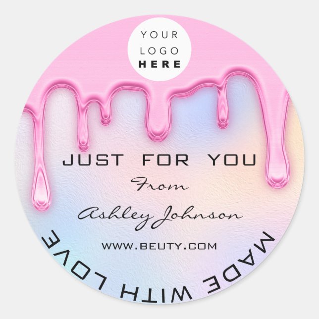 Sticker Rond Merci Fabriqué Avec Amour Holographe Logo Rose (Devant)