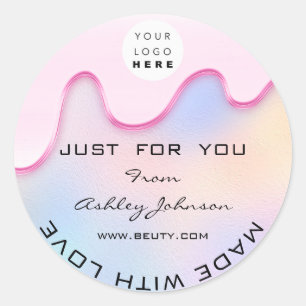 Sticker Rond Merci Fabriqué Avec L'Amour Holographe Logo Rose