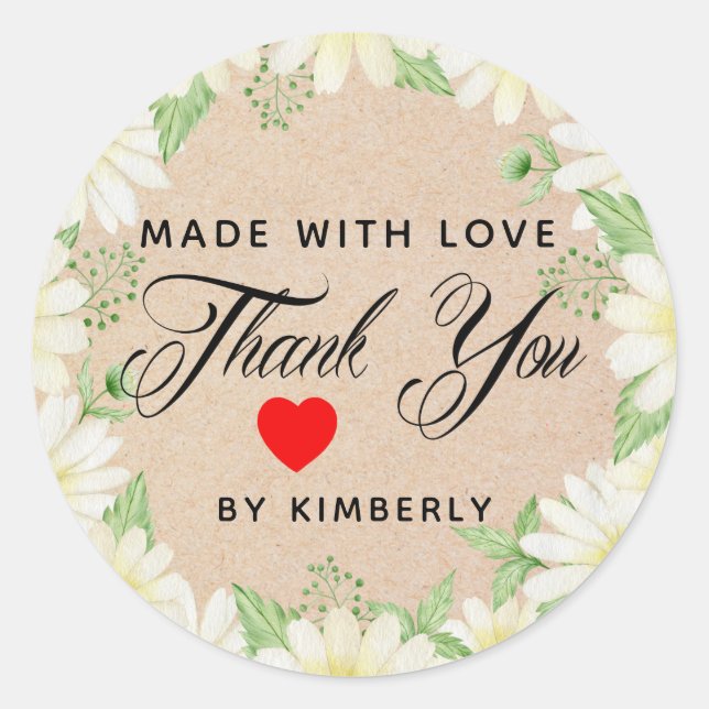Sticker Rond Merci fait avec amour Floral (Devant)