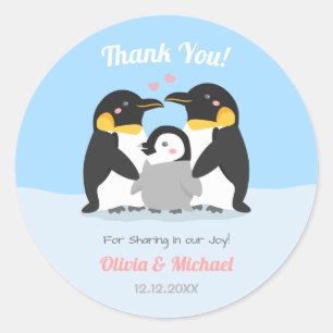 Sticker Rond Merci Famille Pingouin Décoration Baby Shower