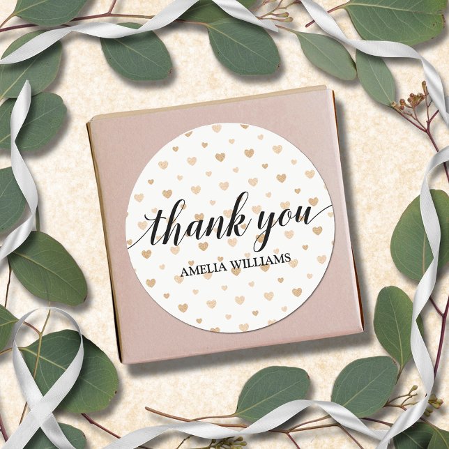 Sticker Rond Merci Faux Coeurs de Parties scintillant (Thank You on gold faux glitter hearts 3" round stickers)
