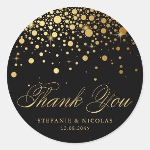 Sticker Rond Merci Faux Gold Foil Confetti Points   Noir