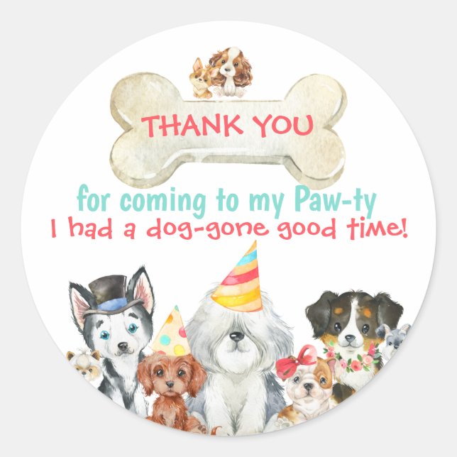 Sticker Rond Merci Favor Tag Chiot Anniversaire (Devant)