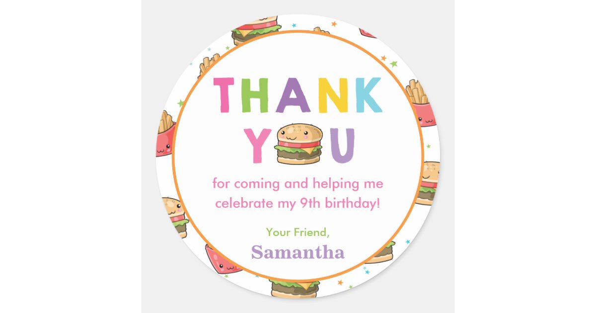 Sticker Rond Merci Favori Du Hamburger D Anniversaire De La Res Zazzle Fr