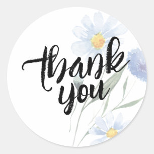 Sticker Rond Merci Fleur Aquarelle Bleu Lavande Mignonne