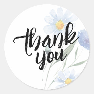 Sticker Rond Merci Fleur Aquarelle Bleu Lavande Mignonne