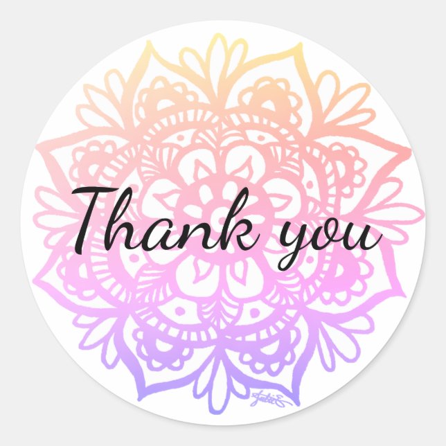 Sticker Rond Merci Fleur de Mandala Rose Violet Pastel (Devant)