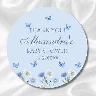 Sticker Rond Merci Fleur sauvage Baby shower papillon bleu