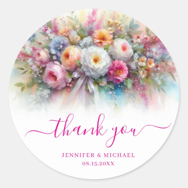 Sticker Rond Merci Fleurs Aquarelle Art Typographie (Devant)