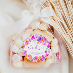 Sticker Rond Merci fleurs pastel romantique violet orange