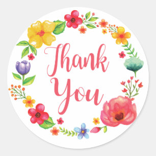 Sticker Rond Merci Floral Aquarelle rose Fleur rouge