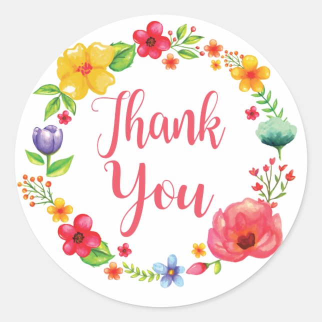 Sticker Rond Merci Floral Aquarelle rose Fleur rouge (Devant)