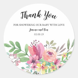 Sticker Rond Merci floral de baby shower d'aquarelle
