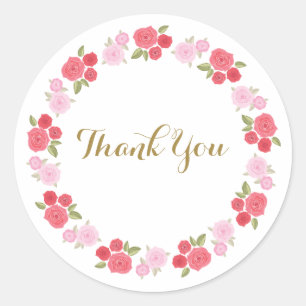 Sticker Rond Merci floral de fleurs roses rouge-rose