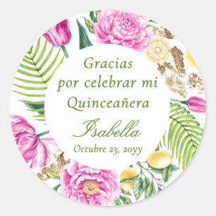 Sticker Rond Merci Floral Pivoines Roses Quinceañera Espagnole 