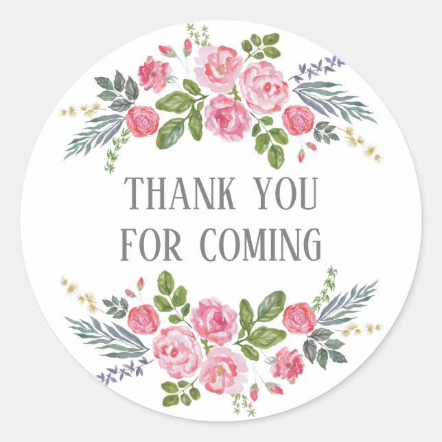 Sticker Rond Merci floral pour venir. Baby shower rose (Devant)