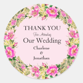 Sticker Rond Merci floral rose de mariage personnalisé