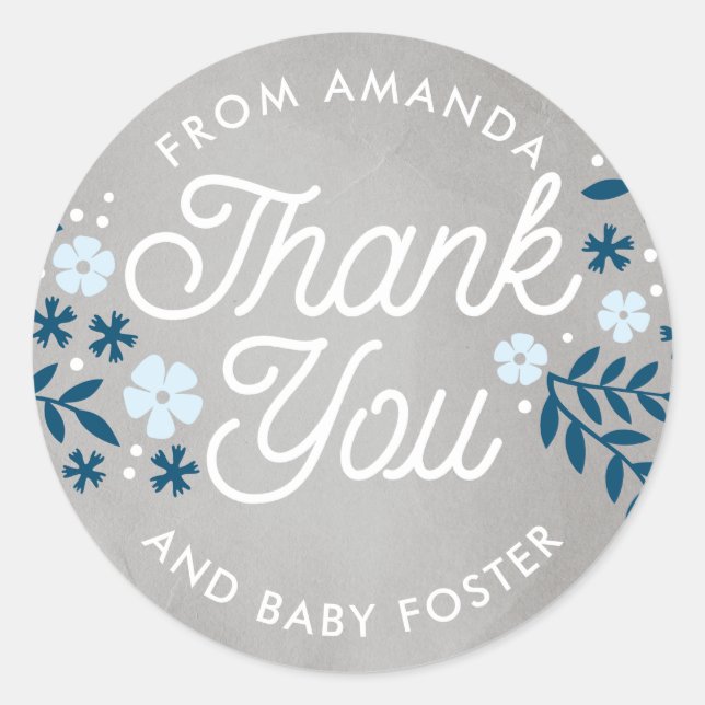 Sticker Rond Merci Folky Floral Blue Baby shower Favoriser (Devant)