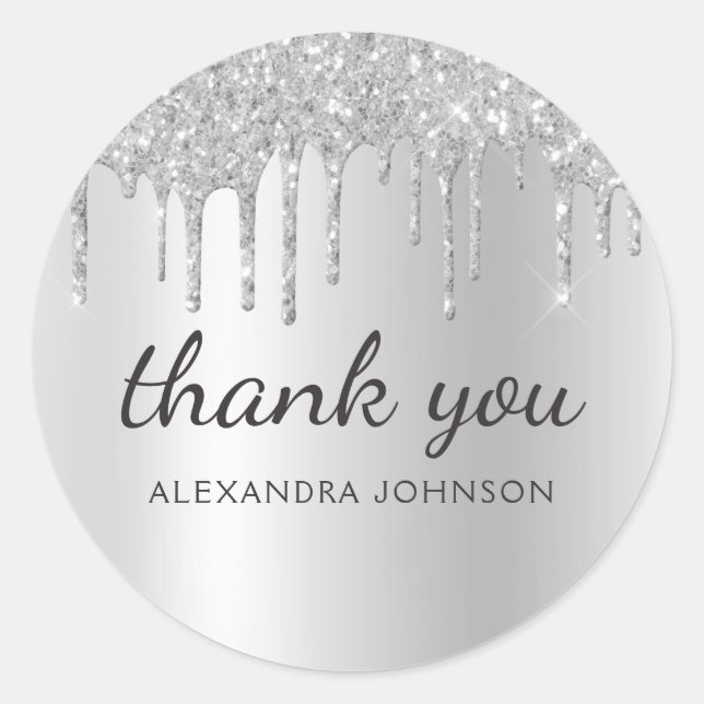 Sticker Rond Merci Glittering Silver Dripping (Devant)