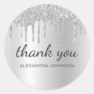 Sticker Rond Merci Glittering Silver Dripping