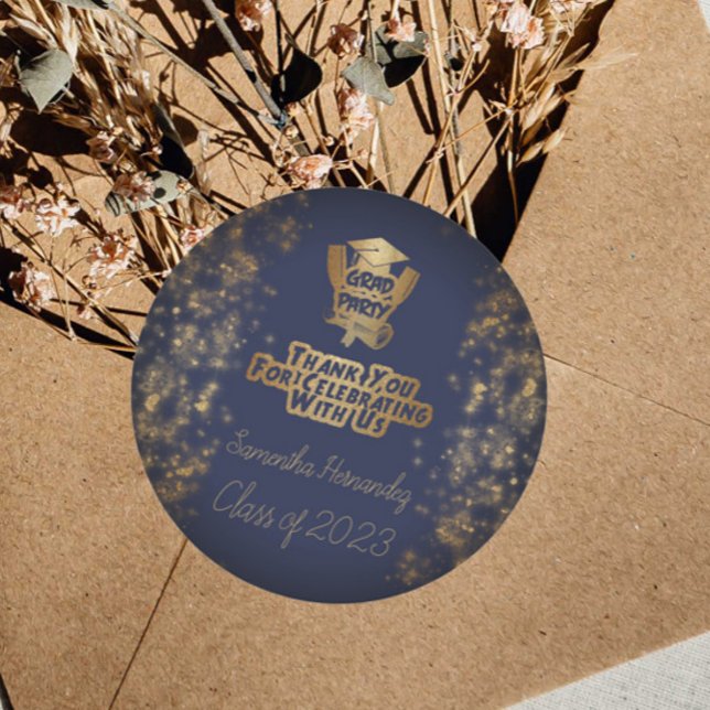 Sticker Rond Merci Gold Parties scintillant Marine Blue Graduat (Créateur téléchargé)
