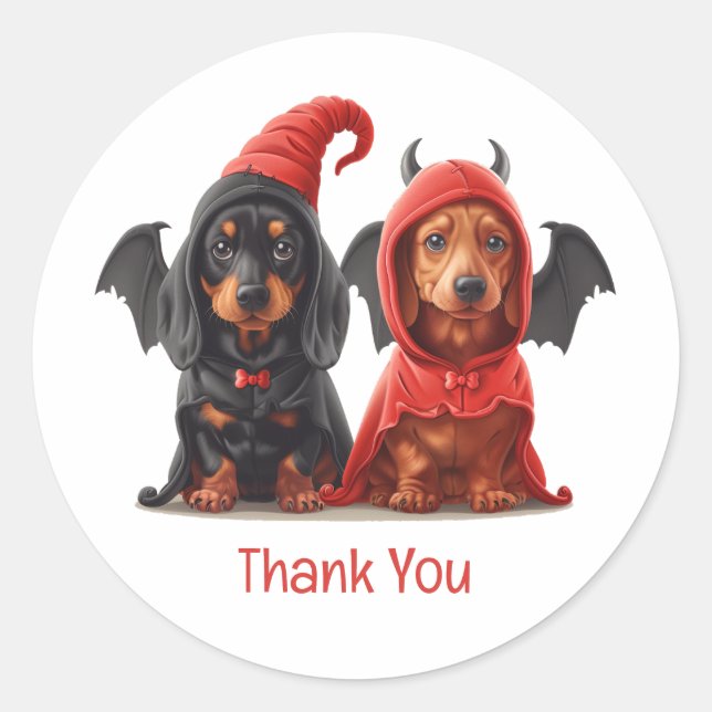 Sticker Rond Merci Halloween Dachshund Chiens Devil Bat (Devant)