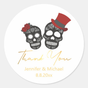 Sticker Rond merci halloween squelettes or mariage