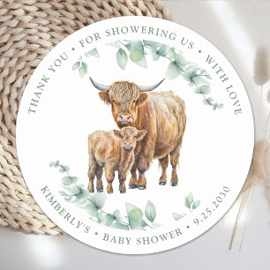 Sticker Rond Merci Highland Cow Boho Baby shower vert