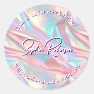 Sticker Rond Merci holographique rose et bleu écrasé