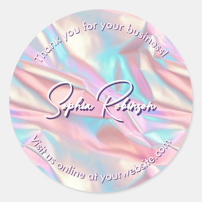 Sticker Rond Merci holographique rose et bleu écrasé (Devant)
