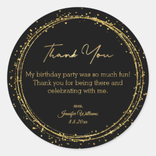 Sticker Rond merci joyeux anniversaire noir or parties scintill