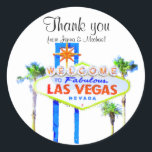 Sticker Rond Merci Las Vegas Mariage<br><div class="desc">Las Vegas merci stickers sont parfaits pour les scellés d'enveloppe. Le design comprend le célèbre panneau d'accueil et le modèle texte pour les couples à personnaliser avec leur nom.</div>