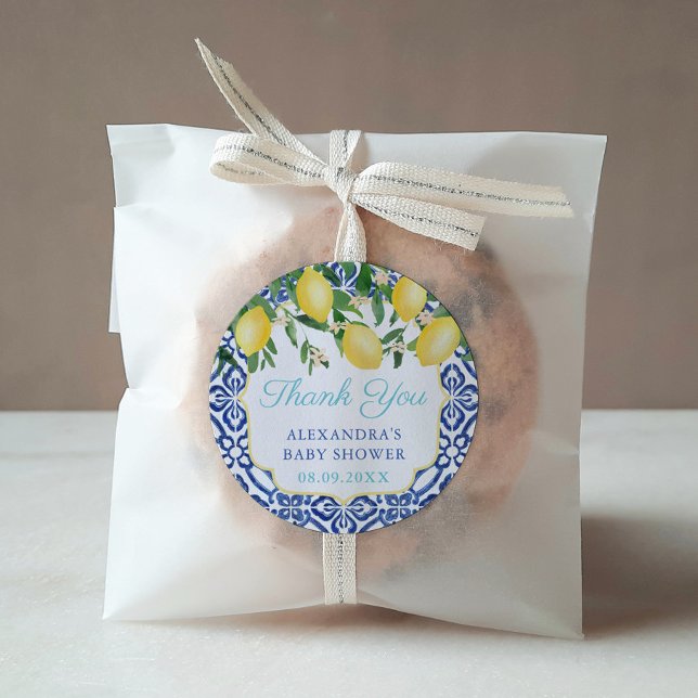 Sticker Rond Merci Lemons Turquoise Positano Fête des mariées F (Italian lemons shower favor sticker design with teal text against a blue and white tile background)