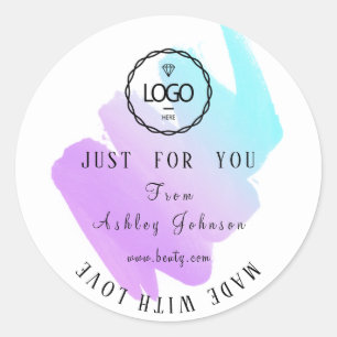 Sticker Rond Merci Logo Fabriqué Avec Amour Bleu Rose violet