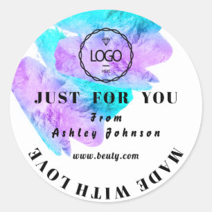 Sticker Rond Merci Logo Fabriqué Avec Amour Rose Bleu Violet