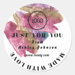 Sticker Rond Merci Logo Fabriqué Avec Amour Rose Rose Blanc