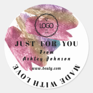 Sticker Rond Merci Logo Fabriqué Avec Amour Rose Strokes