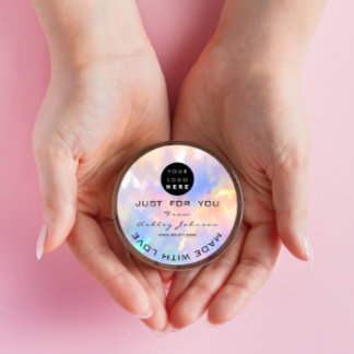 Sticker Rond Merci Logo Holographe Fabriqué Rose Bleu Nom