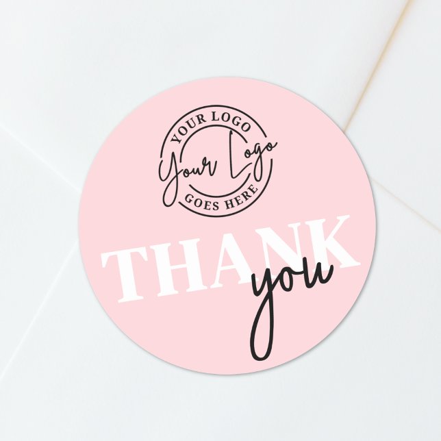 Sticker Rond Merci Logo Rose Noir (Pink Black Your Logo Thank You Classic Round Sticker)