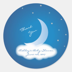 Sticker Rond Merci Lune et Etoiles Baby shower - Bleu/Blanc