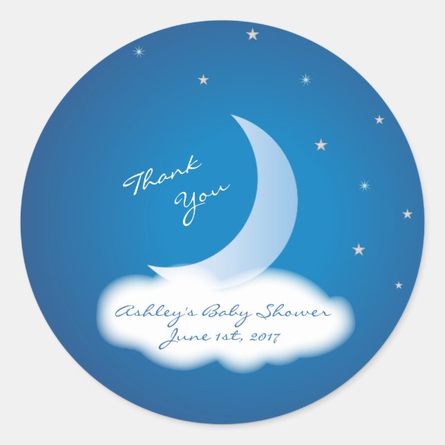Sticker Rond Merci Lune et Etoiles Baby shower - Bleu/Blanc (Devant)