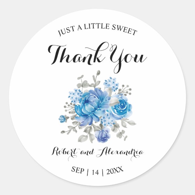 Sticker Rond Merci Mariage à fleurs bleues doux (Devant)