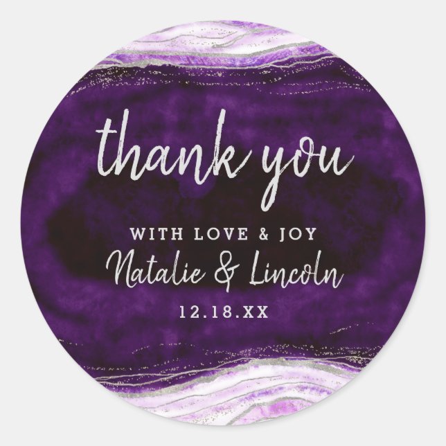 Sticker Rond Merci Mariage Amethyst Purple & Silver Geode (Devant)